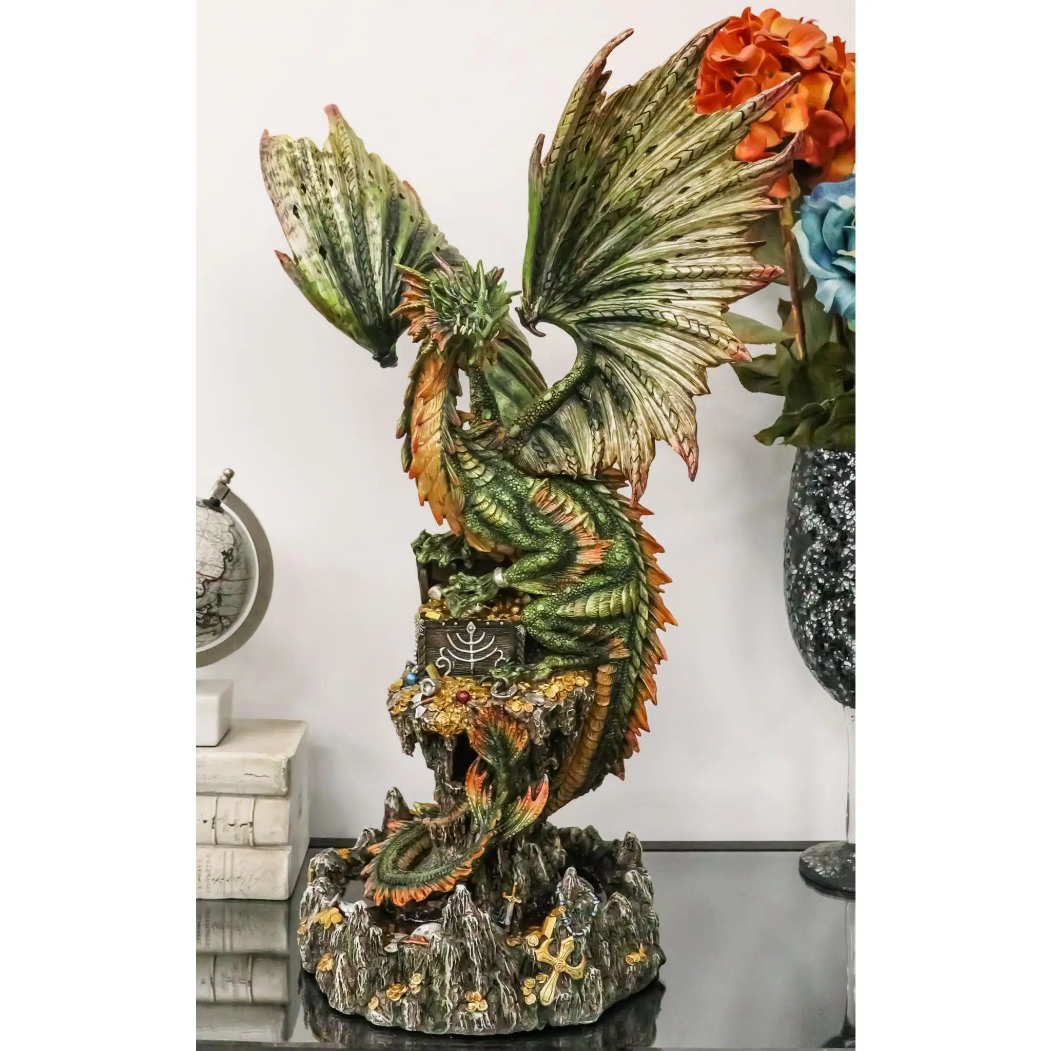 Ebros Large 26"H Green Castle Guardian Treasure Dragon Statue Fantasy Home Decor