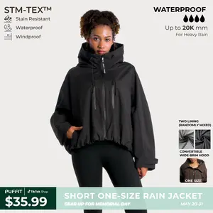 【Restocked】PUFFIT STM-TEX Short One-Size Rain Jacket With Pleated Hem,Hooded Jacket,Waterproof Jacket,Women Jacket,Wide-Brim Hood,Adjustable Cuffs,Zips,Outdoor Sport,Jacket,Statements,Windbreaker,Spring,Dog Walking,School Running,Football Mum,Stylish