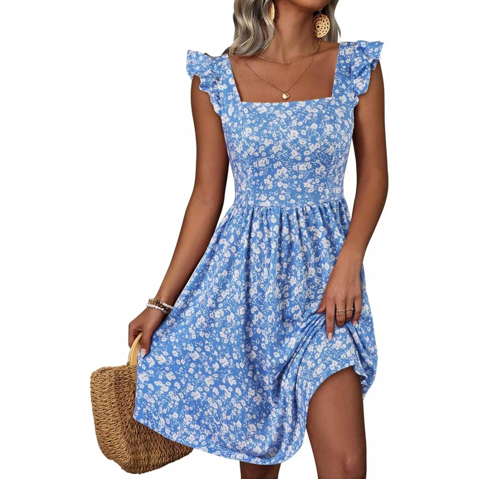 Loemes Summer Casual Cute Floral Flowy Square Neck Sundressses with Pocket Beach Dress Sundress Sleeveless Square Neck Dress High Waist A Line Short Dress for Women 2024 Womenswear Breathable Comfortable Casual Wear Underwear Colorful Comfy Spring Lady
