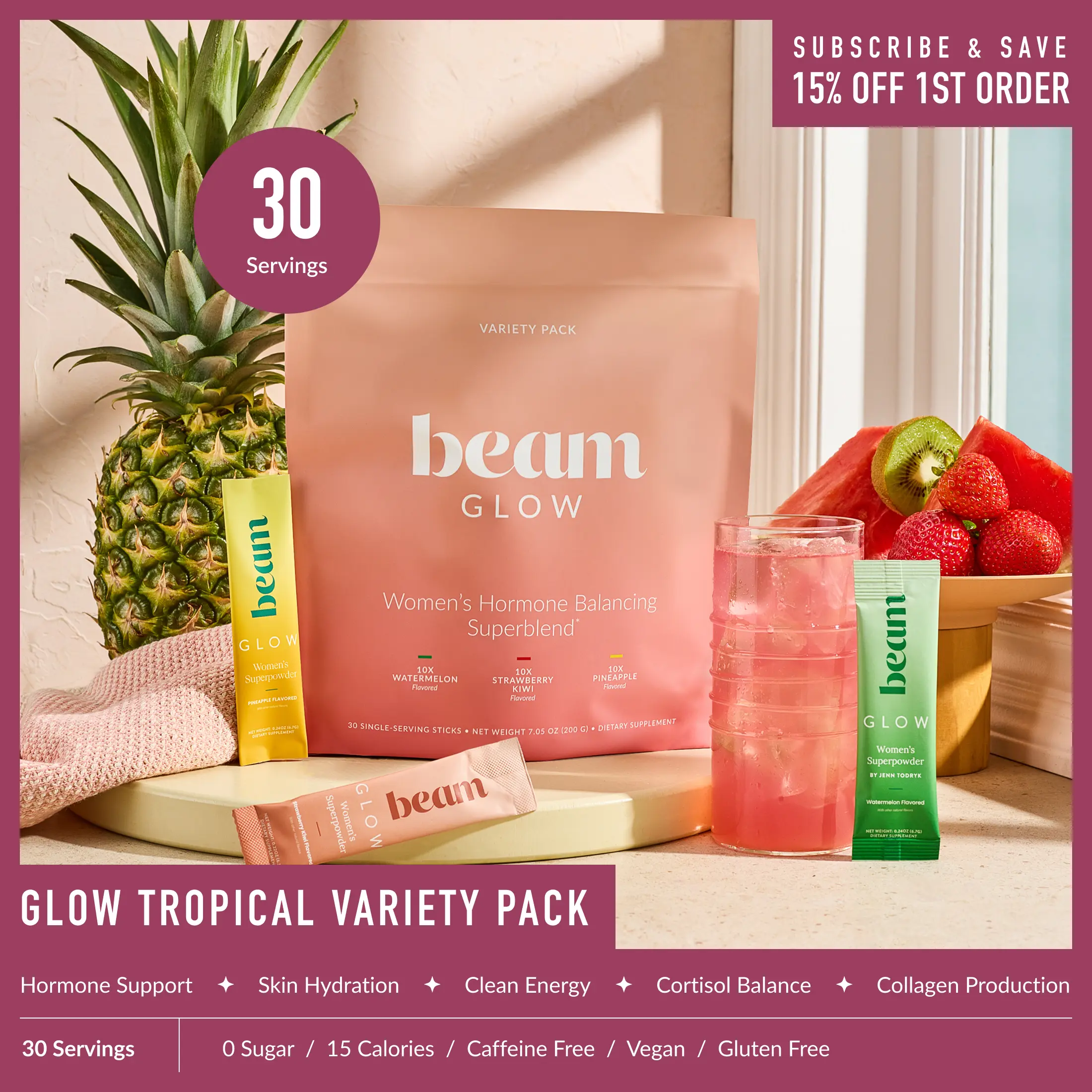 Beam Glow Variety Pack Dietary Collagen Beauty Wellness Supplement - 30 Single-Serve Vitamin Sticks for Women’s Hormone Balance, Skin, Hair, Nail Support (Strawberry Kiwi, Raspberry, Blue Raspberry, Watermelon Superblend) | Summer Sale