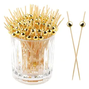 20/50/100/200 cocktail picks, fancy toothpicks for appetizers, decorative skewers for appetizers, drinks, parties, fruits, bamboo gold ball food sticks
