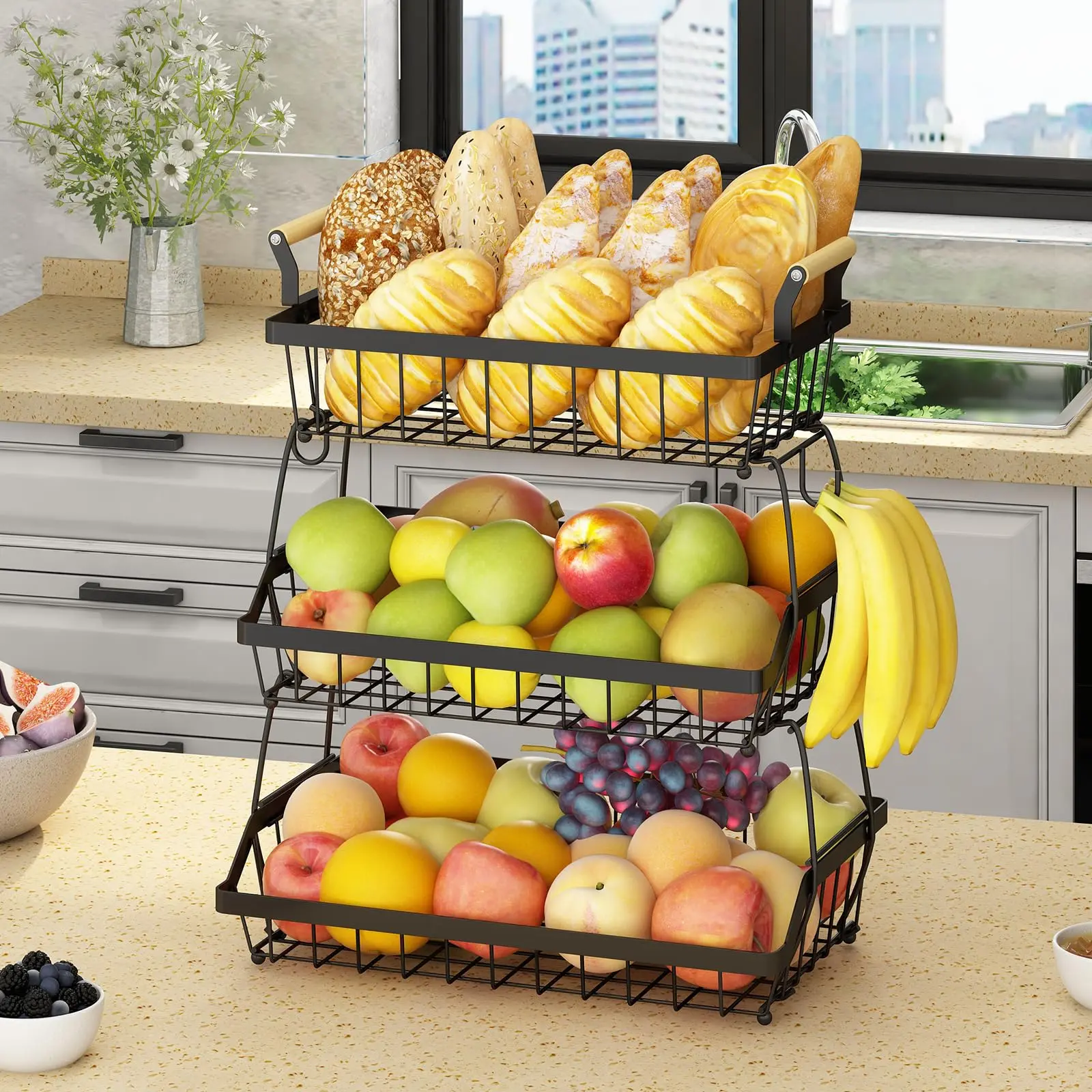 2/3-Tier Metal Fruit Vegetable Storage Basket with Hooks, Space-Saving Kitchen Organizer for Countertop, Pantry, Bathroom, Heavy Duty & Rust-Proof Design,Organizing Food Cart