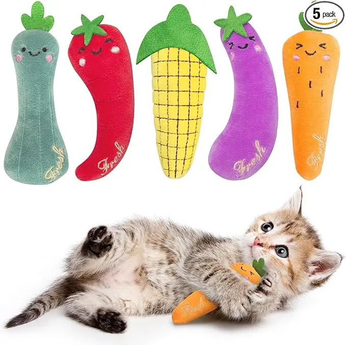 Catnip Cat Toys, 5 Pack, Plush Catnip Toys for Indoor Cats Kitten, Interactive Cat Nip Kitty Kicker Chew Safe Teeth Cleaning Toys, Fun Carrot Vegetable Shape