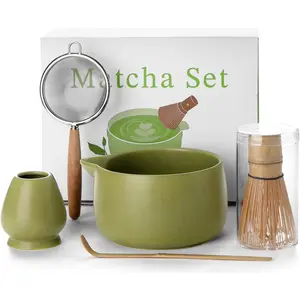 20OZ 5PCS Japanese Matcha Whisk Set Includes Matcha Bowl with Spout, Bamboo Whisk with Ceramic Holder, Bamboo Scoop and Sifter, Matcha Kit for Ceremony, Gift for Matcha Lovers (Matcha Green)