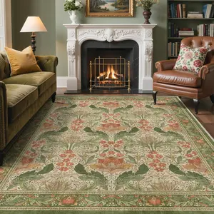 Area Rugs for Living Room, Microfiber Machine Washable Non-Slip Vintage Floral Rug, Low Pile Lightweight Carpet for Bedroom, Dining Room, Home Office, Sage Green & Burnt Orange
