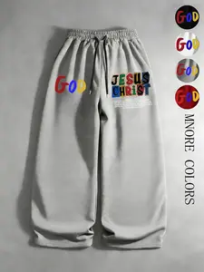 Men’s and women’s styles in the Y2K style. God/Jesus multi-color letter print, trendy, thin, straight-leg pants/long trousers/sweatpants, suitable for streetwear, religious culture, street style outfits, Y2K fashion, everyday wear, men’s gifts, trendy out