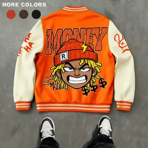 Men's Baseball Jacket Polyester Durable Wind-Resistant Orange & Apricot Colorblock Money, BOY, Rabbit, "$" Graphic Varsity Coat Y2K Vintage Retro Classic Old-School Casual Sports SWAG Streetwear Light Fleece-Lined Winter Jacket Trendy Gift for Boyfriend