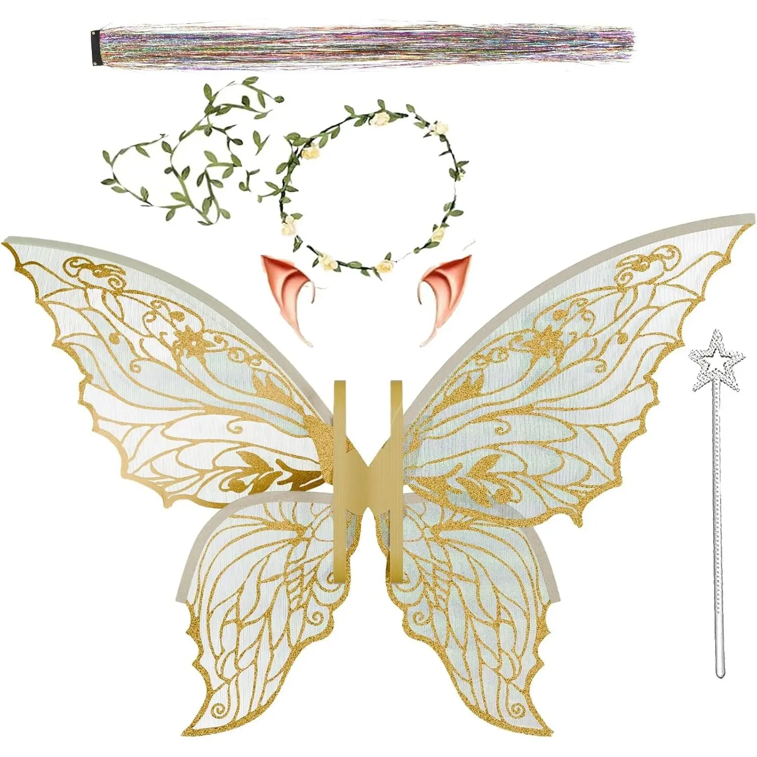 Fairy Wings for Adults and Girls，Fairy Costume Set with Floral Garland, Fairy Hair Tinsel, Wand & Elf Ears – 29"x21" Organza Butterfly Wings – Ideal for Cosplay, Party
