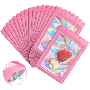 100 Pieces Smell Proof Mylar Resealable Bags, Holographic Packaging Bags, Resealable Odor Foil Pouch Zip Bag with Clear Window for Food Storage and Lipgloss, Jewelry Lash (Pink, 3.1 x 5.1 Inch)