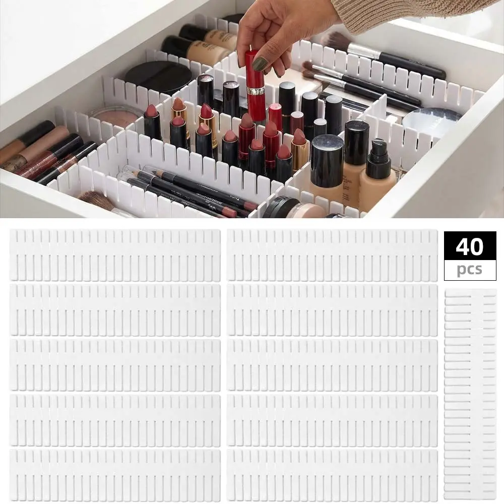 40 PCS White Grid Drawer Dividers, 14.5x2.7" Durable and Adjustable Separators, Space Saver with Compartments for Cosmetics, Socks, Dresser Storage, Durable Organizers, White 40Pcs, Adjustable Size, Cosmetic Storage, Bedroom/Kitchen, Bedroom Storage, Draw