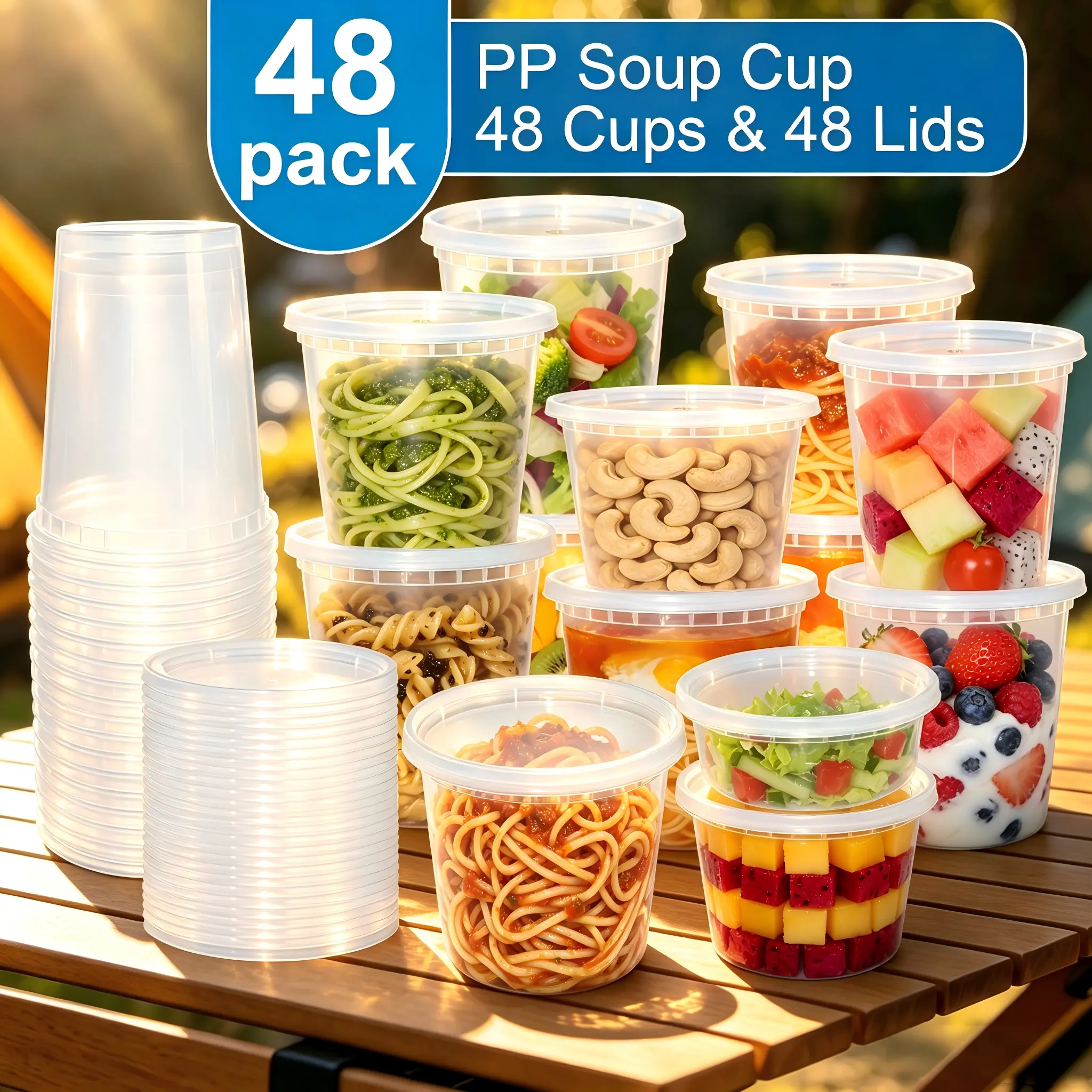 48-Set Pack Transparent Disposable Plastic Soup Cups with Lids, Multi-Size 8/16/24/32 oz, Heat-Resistant, Sealed Leak-Proof, Microwaveable, Reusable, Portable Takeout Packaging for Outdoor Picnic, Family Gatherings