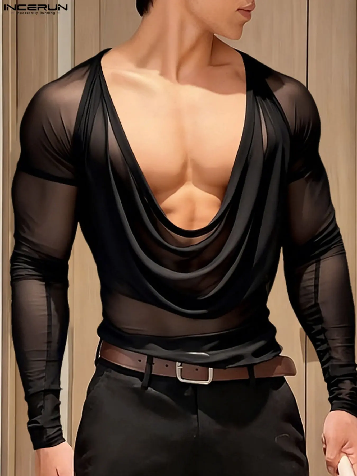 Men's Fashion Sexy Mesh Sheer Hollow Out Long Sleeve T-Shirt, Perfect for Summer Party Wear, Stylish and Trendy Design, Tops