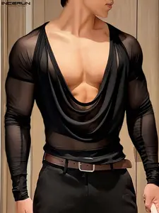 Men's Fashion Sexy Mesh Sheer Hollow Out Long Sleeve T-Shirt, Perfect for Summer Party Wear, Stylish and Trendy Design