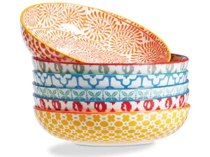 ONEMore Color Pasta Bowl Set 36oz, 6pcs, - Ceramic Wide Mouth Bowl for Oven/Microwave/Dishwasher - Stackable, Scratch Resistant - Multiple Colors Available