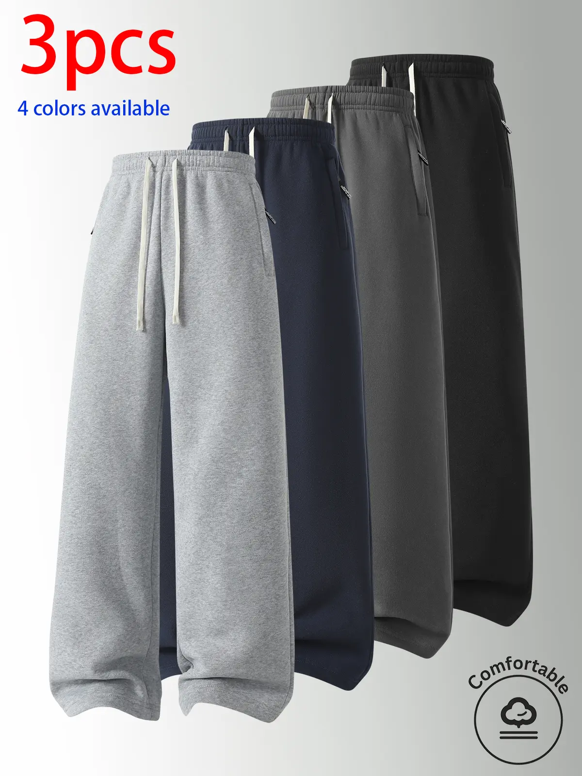 3-pack men’s long pants—casual men’s long pants, straight-leg men’s pants with an elastic waistband and a long drawstring; relaxed wide-leg straight-cut design that elongates the figure vertically; suitable for commuting, campus, sports, and casual wear;