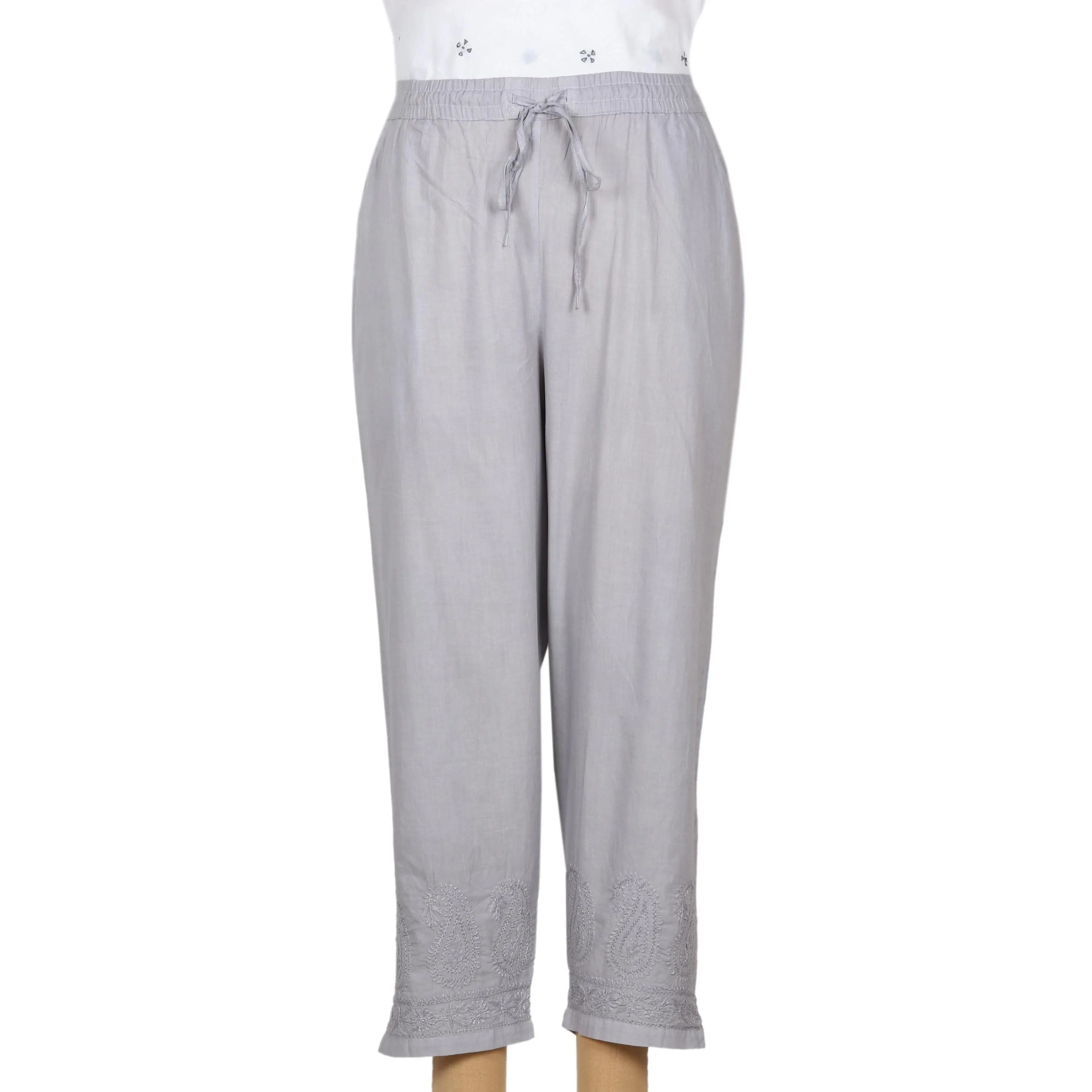 Novica Artisan Hand Embroidered Cotton Cropped Pants Grey Indian With Detail Clothing 'Paisley Greys'