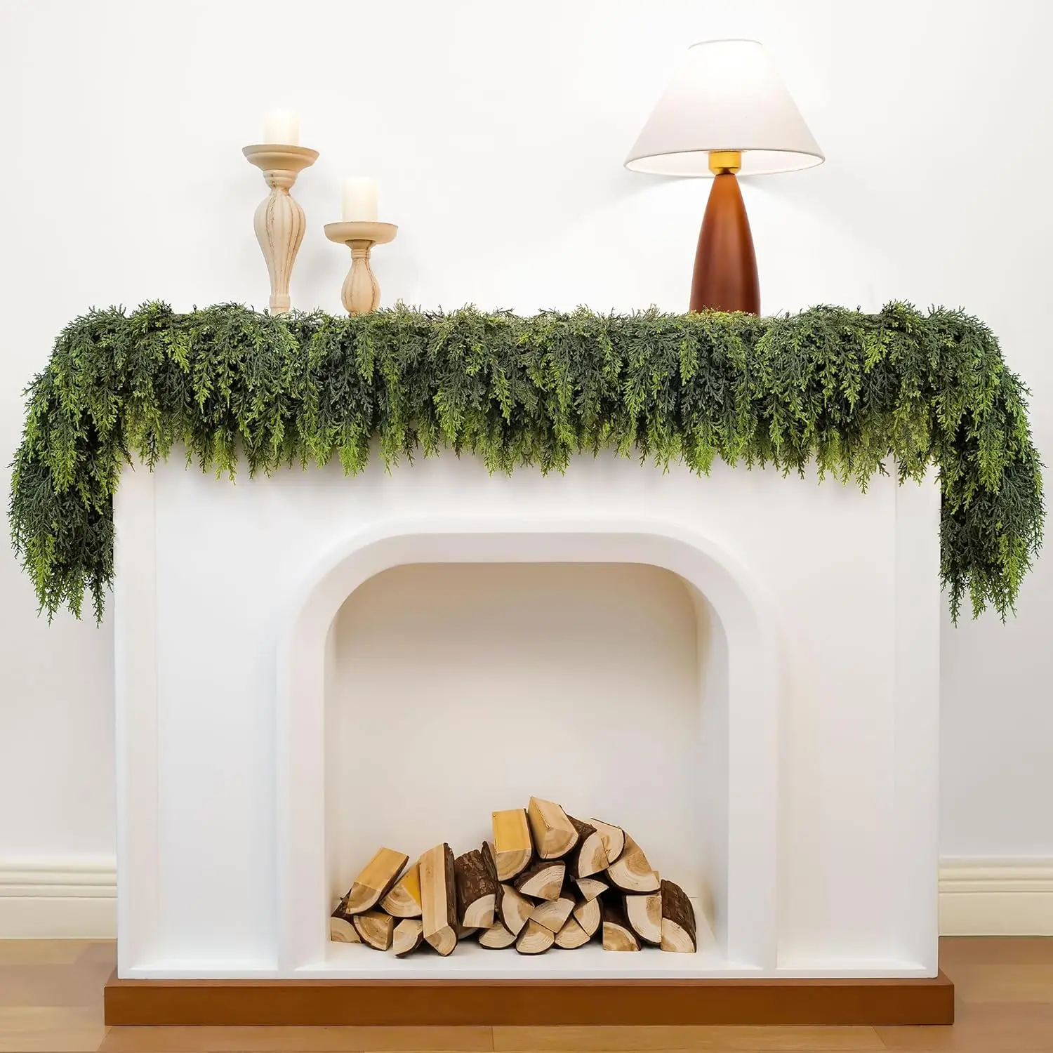6 FT 2 Pcs Artificial Cedar Garlands, Real Touch Winter Pine Greenery Garland for Thanksgiving Christmas Table Mantle Fireplace Holiday Decor, Waterproof Indoor Outdoor