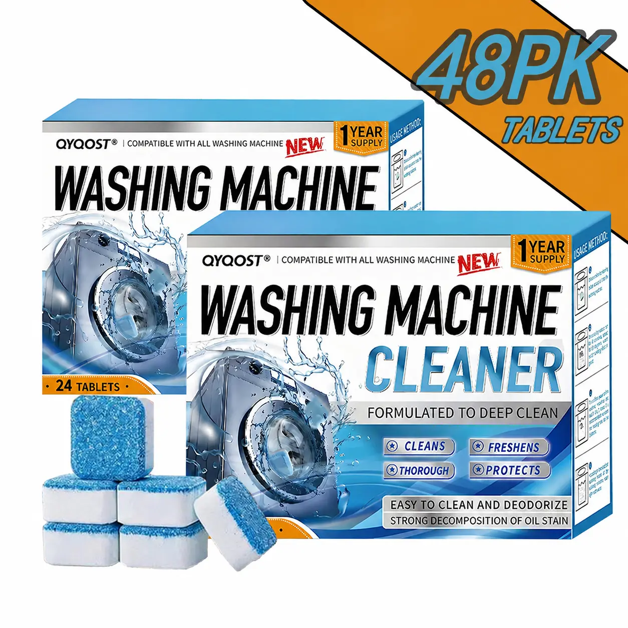 Washing Machine Cleaner Tablets 8/20/24/48 Pack, Deep Cleaning Washer Tablets for Front Load & Top Load Machines, Laundry Tub Cleaner Deodorizer, Removes Odor & Residue