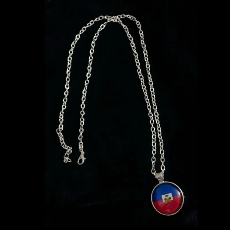 Silver Haitian Flag Necklace - Patriotic Jewelry Featuring the Haitian National Emblem on a Chain