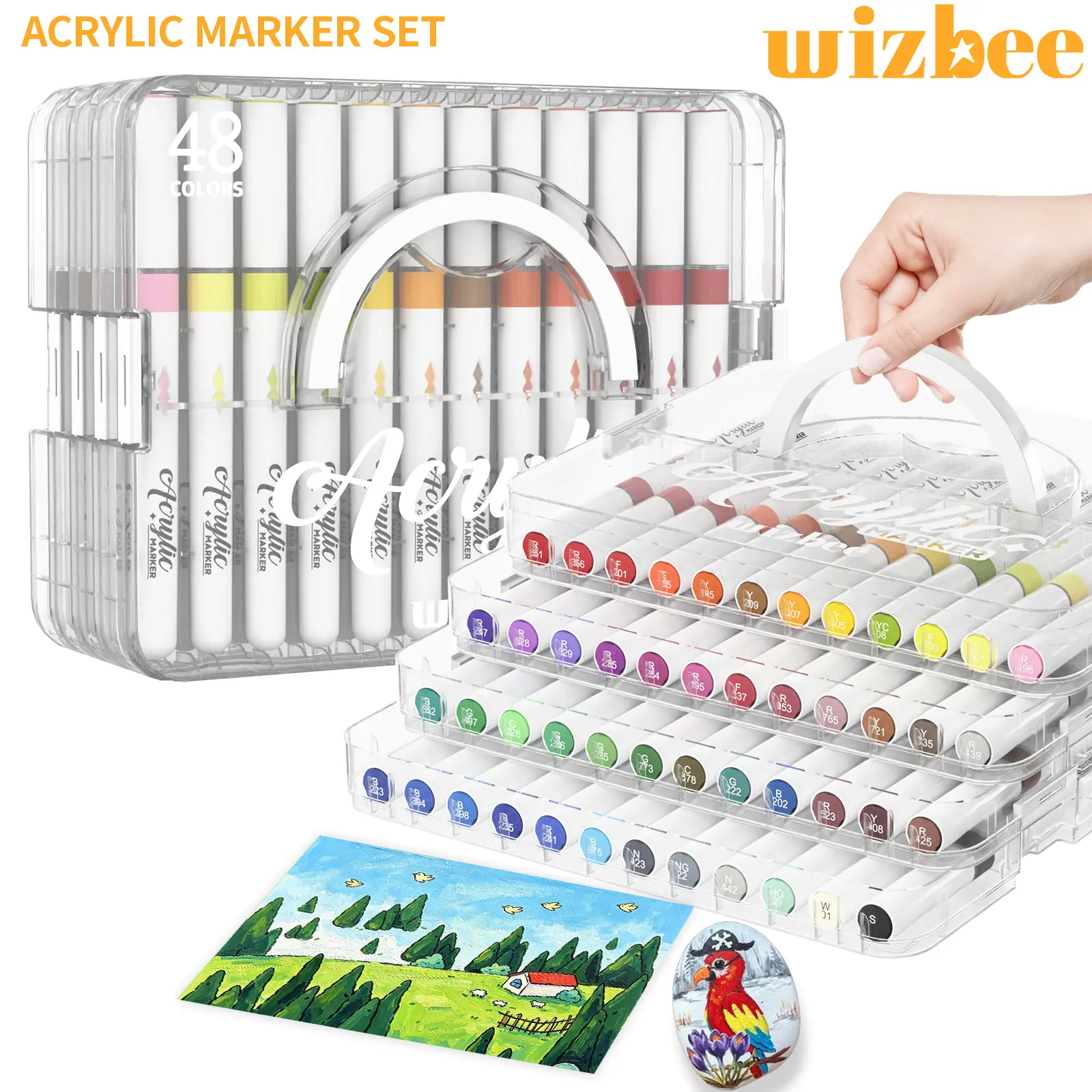 WIZBEE Premium Brush Tip Acrylic Paint Markers Set Packs (36/48/60), Dual Tips, High Pigment, Smooth Flow, Portable Stackable Storage Box Portable Kit for Rock Painting, DIY Crafts - Office & Art Supplies