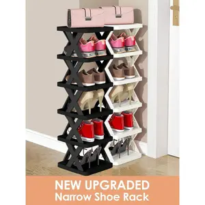 9/6 Tier Vertical Shoe Stand Space Saving Narrow Shoe Rack, Small Shoe Shelf, DIY Free Standing Shoes Storage Organizer For Entryway, Closet, Hallway, Easy Assembly And Stable In Structure, Black & White, Plastic Material, Consumables dining table