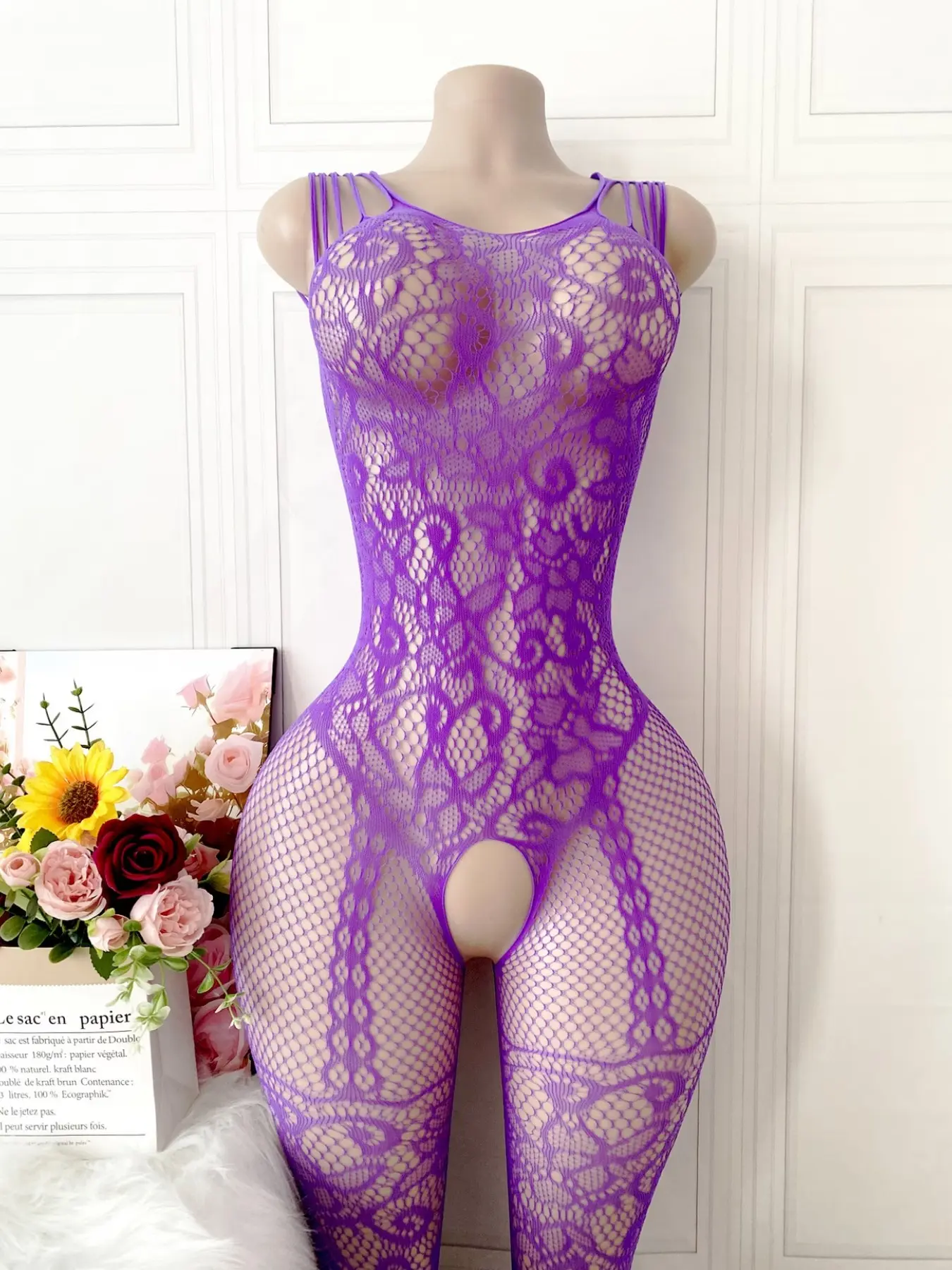 Women's Hollow Out Jacquard Sleeveless Open Crotch Slim Fitting Sheer Bodysuit, Bodycon Fitted Bodysuit, Fishnet Underwear, Lingerie, Perfect for Date Night/v-Day Gift