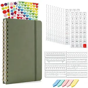 Spiral Notebook Kit, A5 Dot Grid  Style Notebook, Hardcover with 120gsm Thick Paper, Template Rulers, Stickers (365Dates/ Color Dot Stickers/Sticky Index Tabs),Subtle Blue Dotted,Green
