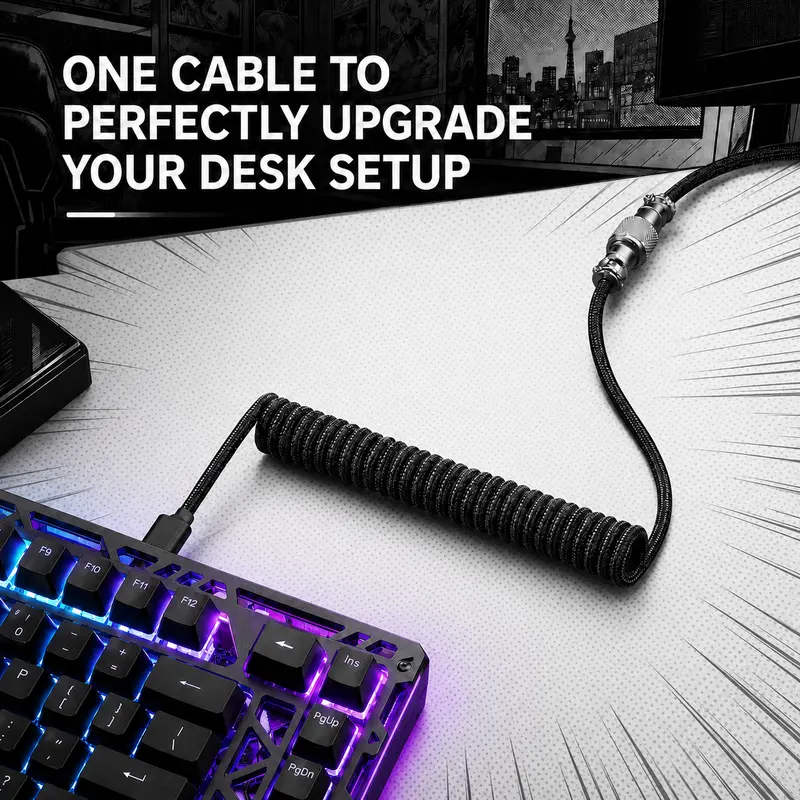 Type-C Wired Coiled Aviator Cable for Gaming Keyboards - High-Speed Braided Fiber, Detachable Gamer Accessory, Type C Accessories, Gamer Stuff, Gaming Desk Electronics Add-On