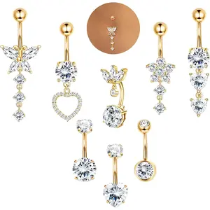 MILACOLATO 8 Pcs Dangly Belly Button Bars Gold Surgical Steel Belly Bars Silver Butterfly Heart Zircon Belly Button Piercing Gold Belly Bar Blue Pink Belly Piercing for Women