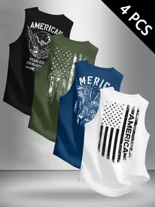 Men's Summer Casual Sleeveless Vest, Vintage Eagle Print, 4-Piece Set, American Flag Design, Ideal for Outdoor Activities