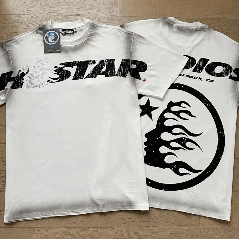 Hellstar Huntington Park Flame Profile T-Shirt, Distressed Black Chest Logo and Oversized Circle Back Graphic, Heavy Cotton Vintage White Oversized Tee for Men Women, Y2K Streetwear Fashion Accessories