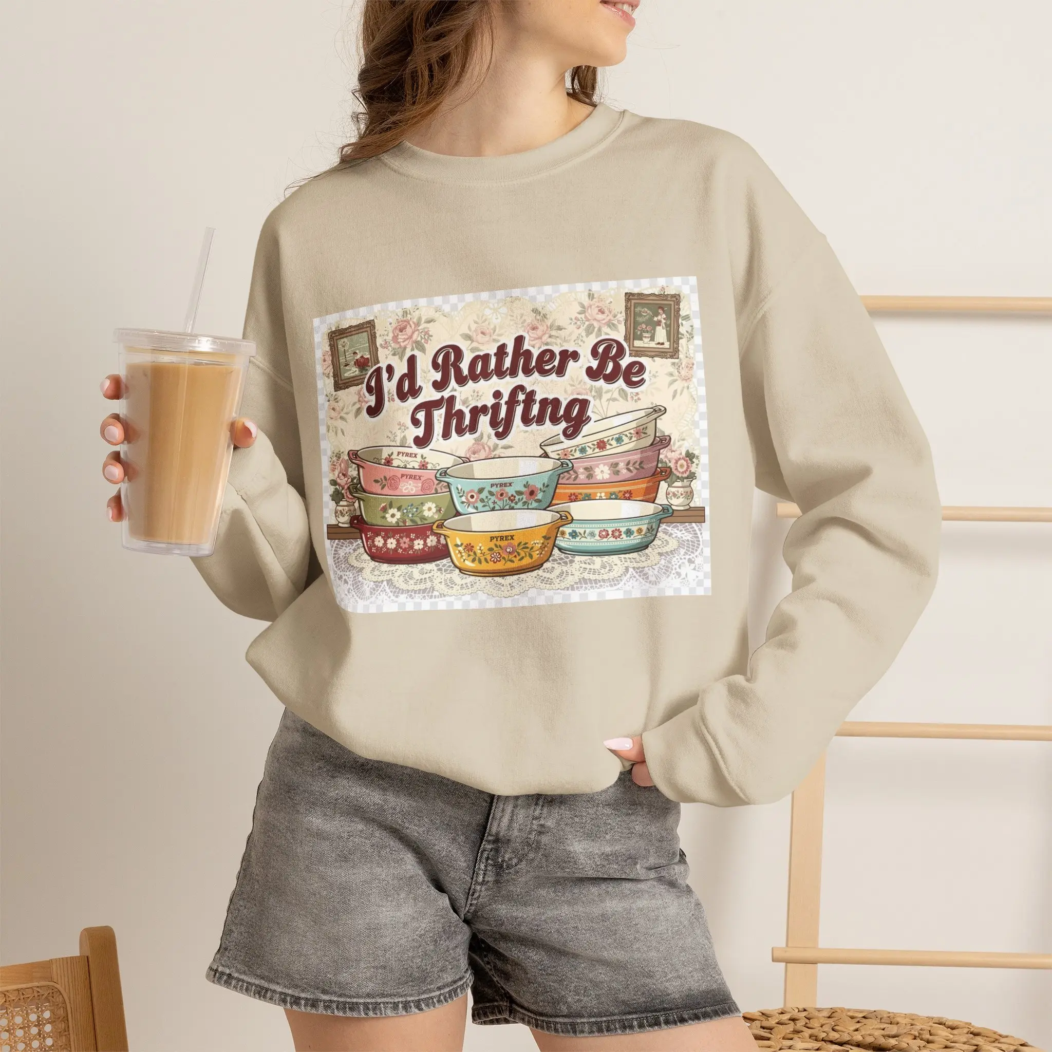 I'd Rather Be Thrifting Crewneck Sweatshirt | Vintage Pyrex Stack Illustration
