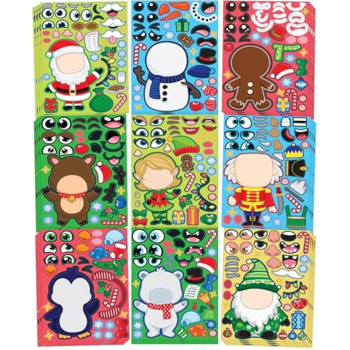36 Pcs Christmas Make-a-face Sticker Sheets Make Your Own Xmas Characters Sticker with Santa Santa, Gnome, Reindeer, Snowman, for Kids Party Favor, Art Craft Supplies, Classroom Activities Game
