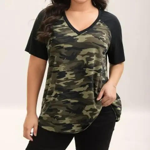 BLOOMCHIC Plus Size Camo Print Women's V-Neck Raglan Short Sleeve Casual Top (M-6X) - Stretchy Breathable Fabric, Casual Breathable Design, Contrast Patch, Flattering Fit, Clothes for Women, Plus Size Clothes, Back to School Haul, SohoChic