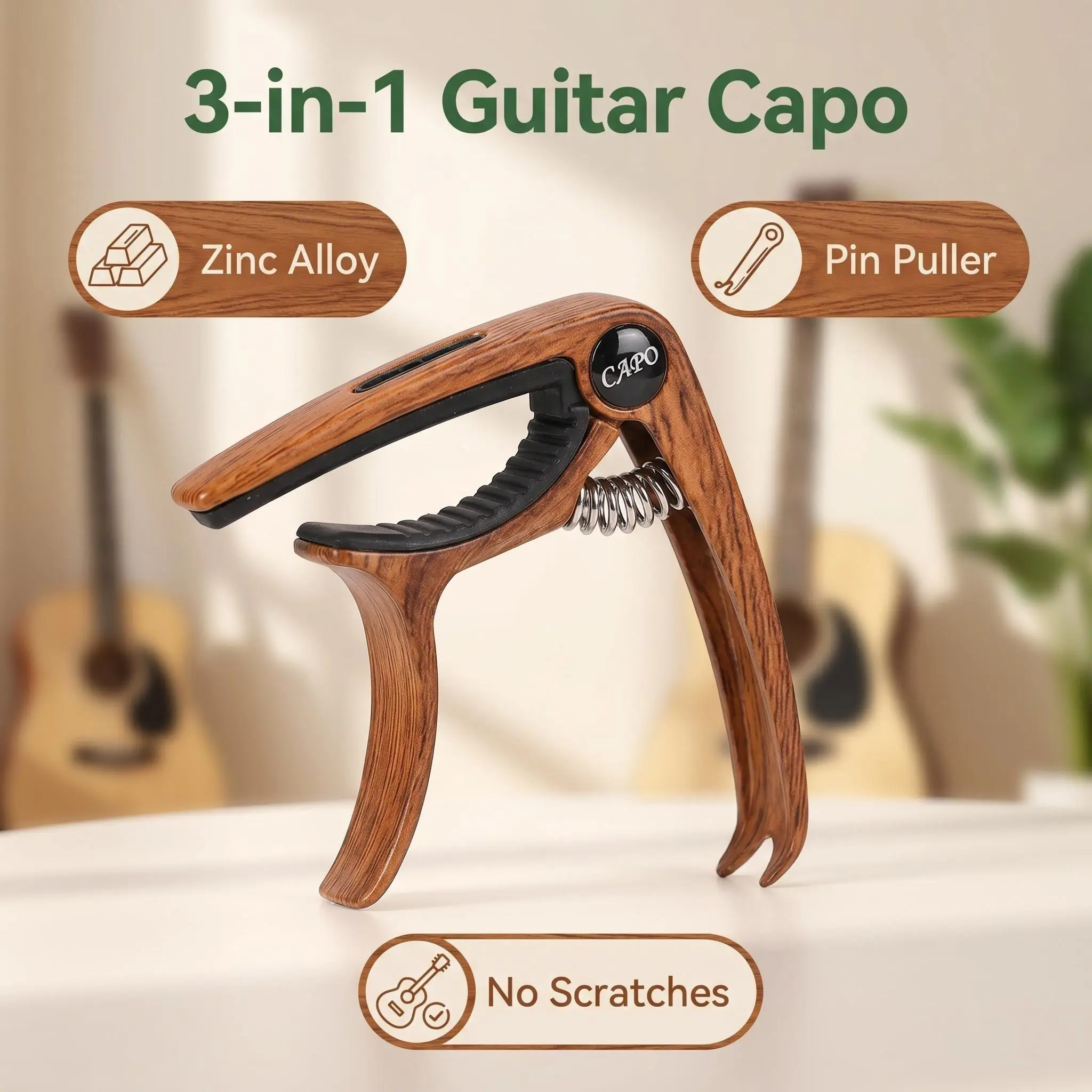 Guitar Capo – 3-in-1 Zinc Metal Capo for Acoustic Guitar, Electric Guitar, Ukulele, Mandolin, Banjo. A Perfect Birthday or Christmas Gift for Men, Dad, or Any Guitar Lover