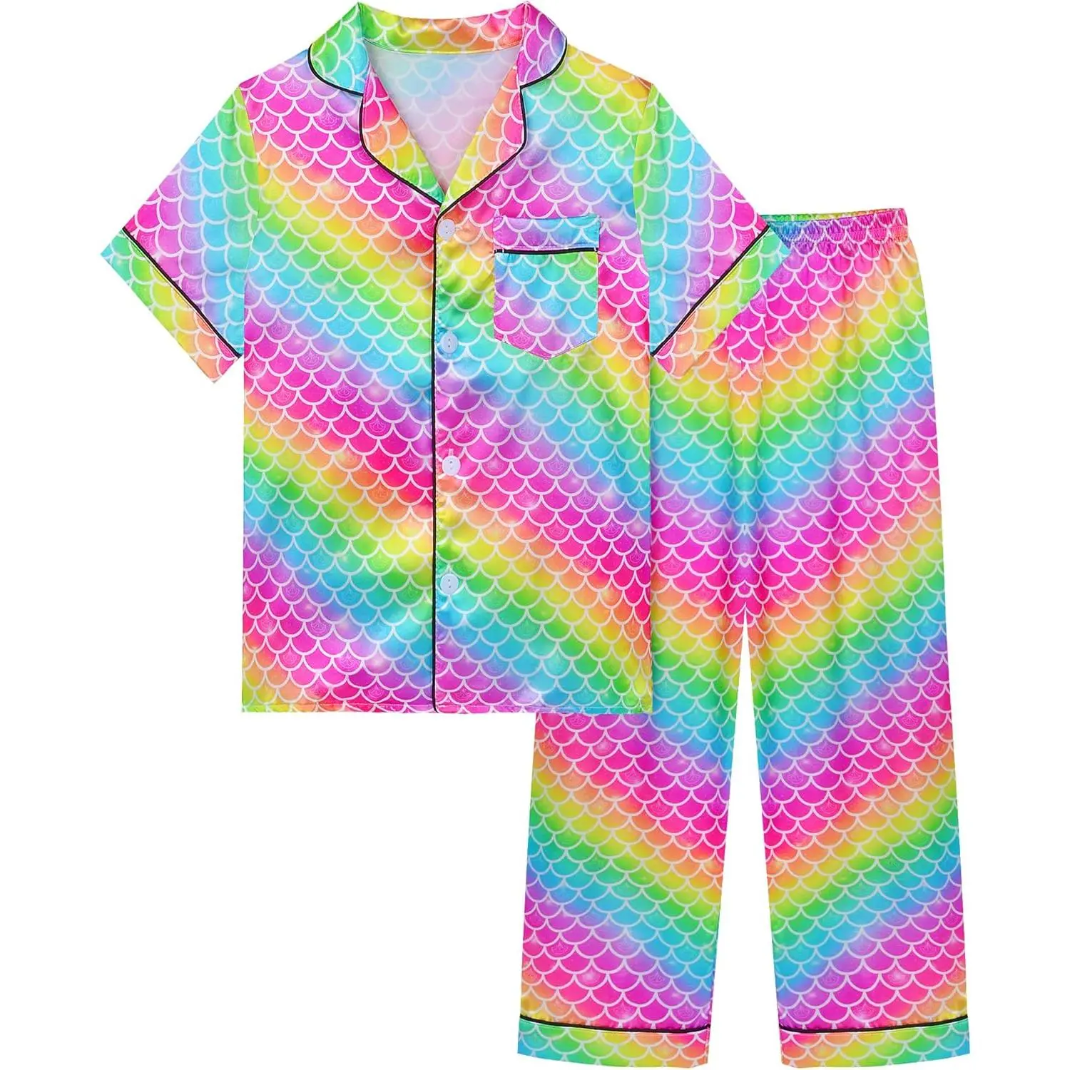 SQ-NG002 Girls Pajamas Silk PJS Set Rainbow Unicorn Sleepwear Short Sleeve Long Pants Jammies for Toddler Kids