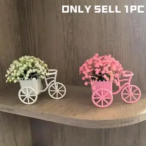 Plastic Mini Bicycle Basket with Realistic Potted Plants, Desktop Decoration Ornament, Room Decor, Artificial Flower Arrangement