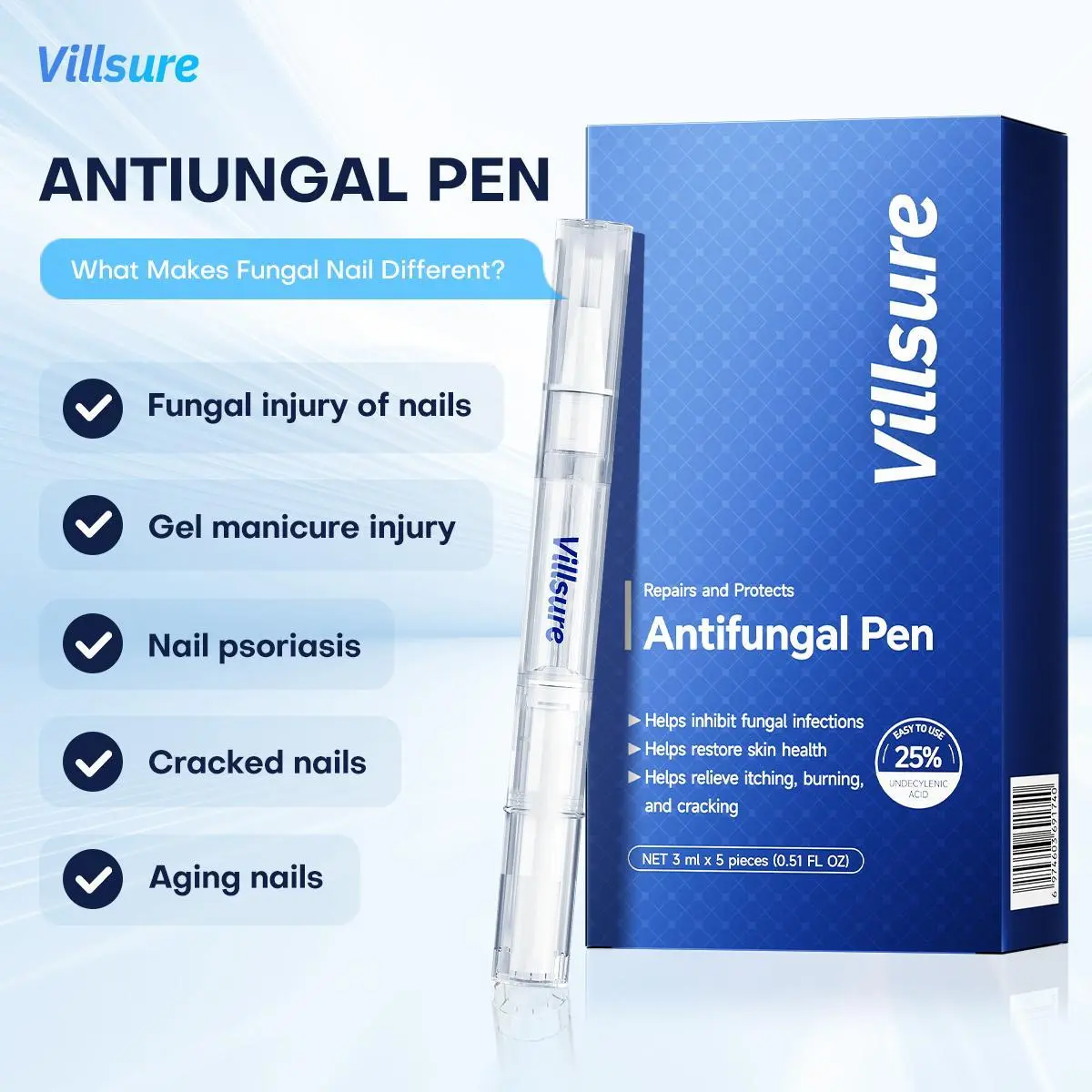 Villsure Antifungal Pen, 5-Count Box, Extra Strength 25% Undecylenic Acid Nail Repair Solution for Toenails or Fingernails (Beauty & Personal Care Nail Treatment) Manicure Repairing