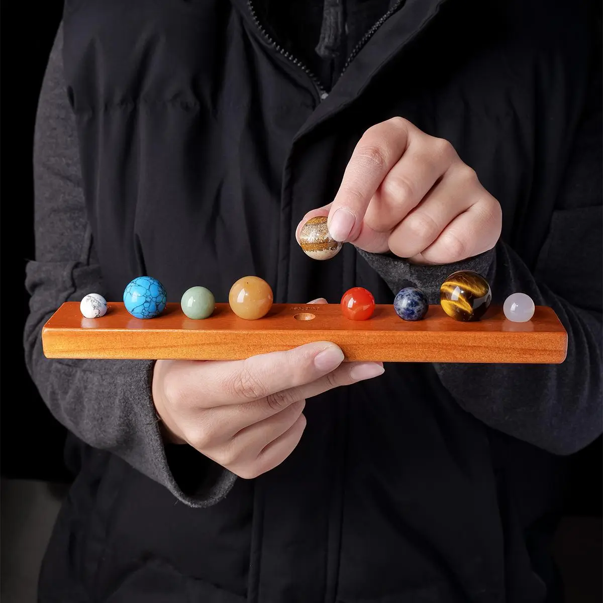 Natural Crystal Round Stones with Wooden Base, 1 Set Nine Planets Of The Solar System Crystal Balls Ornaments, Nice Gift, Natural Stone Decor, Crystal Decorative Ornaments