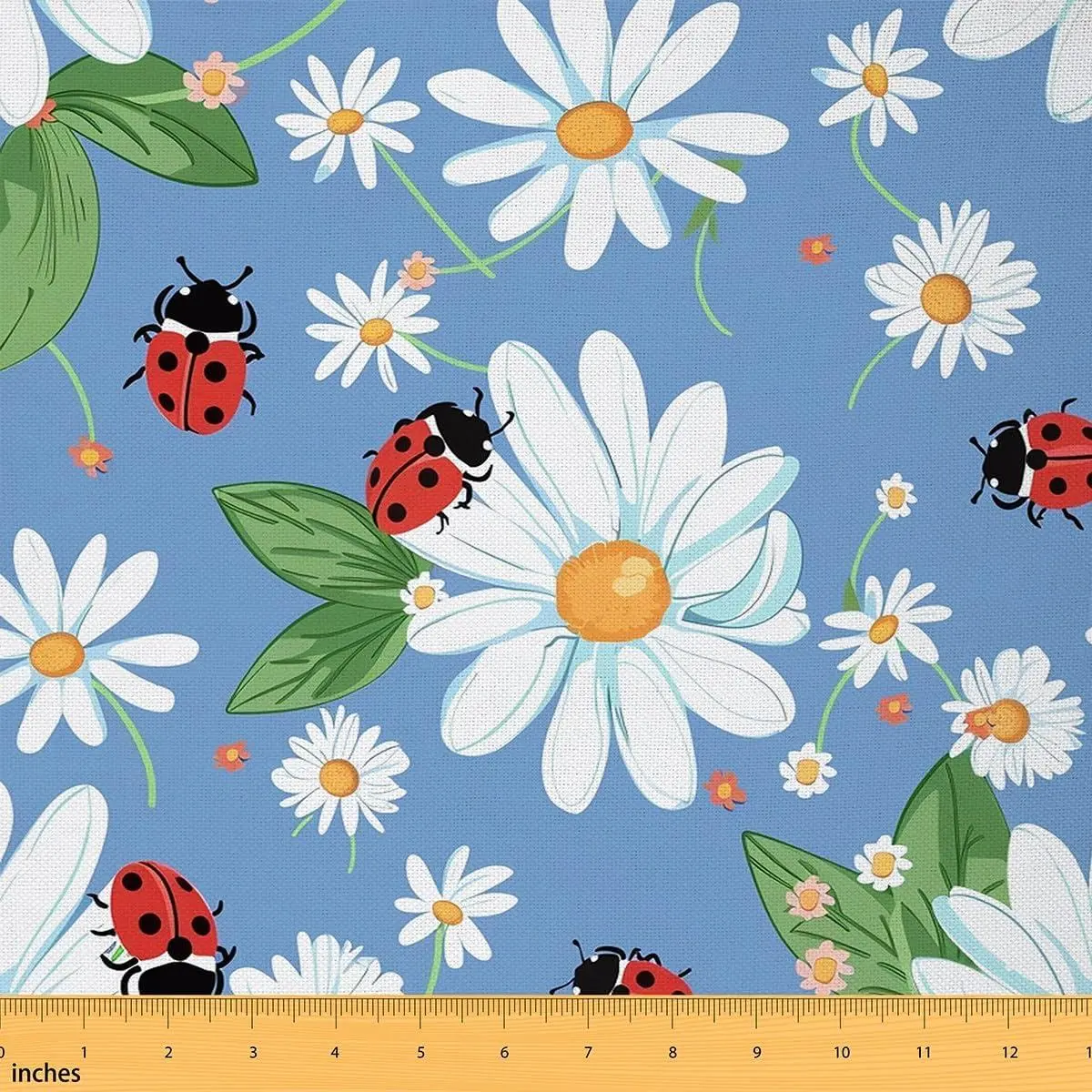 White Daisy Fabric,Cartoon Ladybug Cute Soft Flannel Polyester No Stretch Fabric,Rustic Flowers Decor,Blue White Red Crafts & Sewing Supplies DIY Fabric