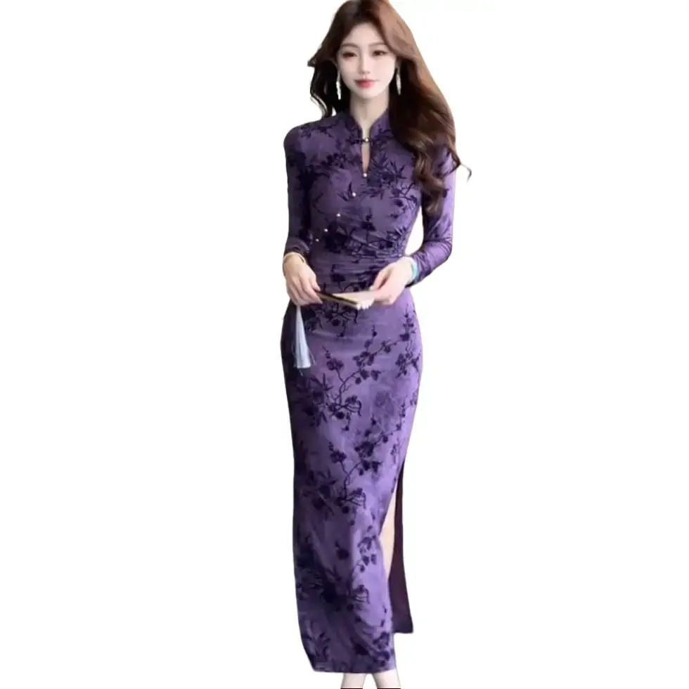 Women's Piece Purple Floral Print Cheongsam Dress - Elegant Modern Gown with Mandarin Collar, Improved Button Detail, Improved Cheongsam Design, Comfortable Chinese Traditional Dress with Modern Twist, Luxury Look