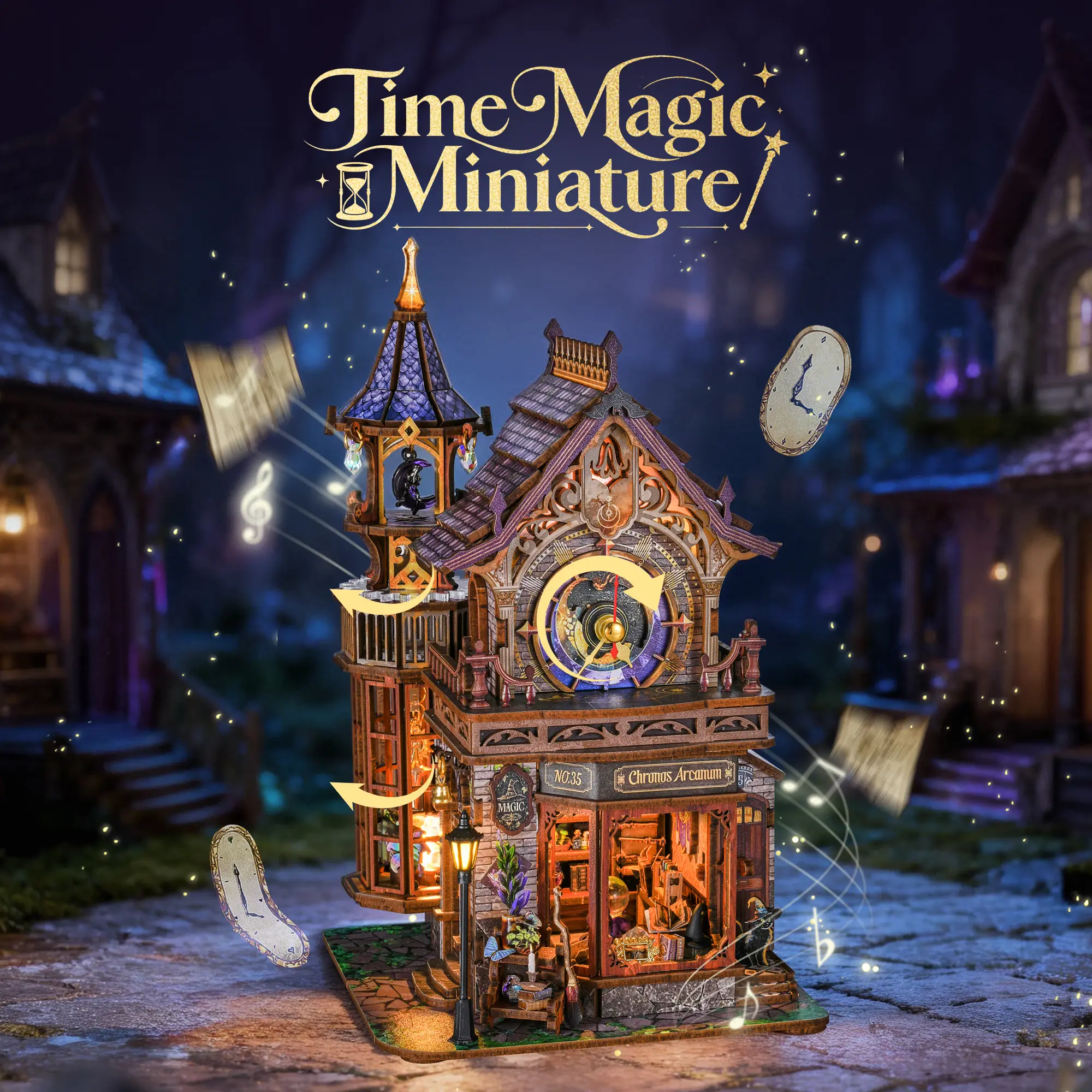 FUNPOLA LED 3D Wooden Puzzle Time Magic Club with Music & Lights, Dynamic Mechanical Model Building Kit, Miniature Home Decor Gift for Adults