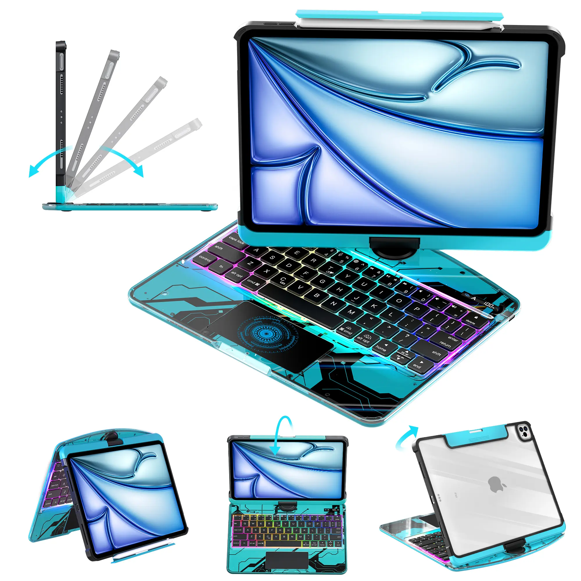 Y2K Phantom Blue 360° Rotatable iPad Touch MagicCase Compatible with Apple iPad (8.3'/10.2'/10.9'/11'/12.9'/13 inch )ipad 7-11th(A16)/ipad air(2022-2026) / ipad pro (2018-2025) and ipad mini– with RGB Backlit Keyboard,&Type-C Charging