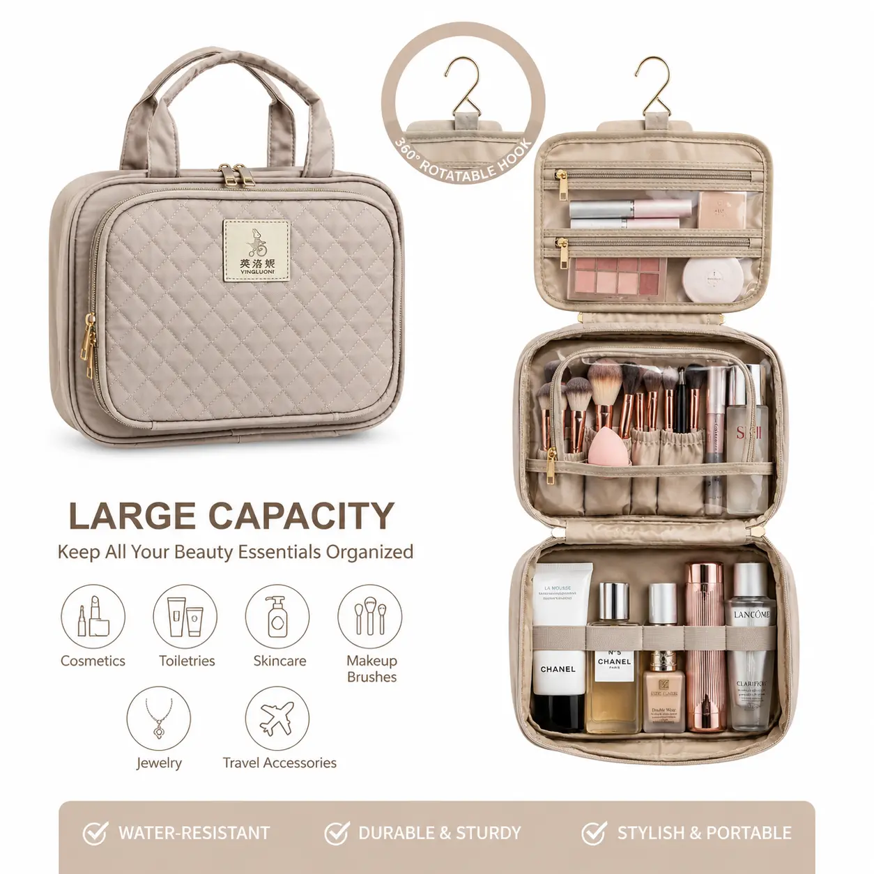 Women's Large-Capacity Hanging Travel Makeup Bag - Waterproof Cosmetic Organizer with 360° Rotatable Hook, Multi Compartments, Large Capacity Bag, Makeup Storage Organizer
