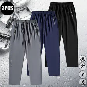 Men’s 3-Pack Summer Solid Color Printed Fashion Sports Pants, Lightweight Breathable Drawstring Zippered Pockets, Suitable for Athletic Wear, Men's Sweatpants Uncuffed, Uncuffed Sweatpants, Solid Print