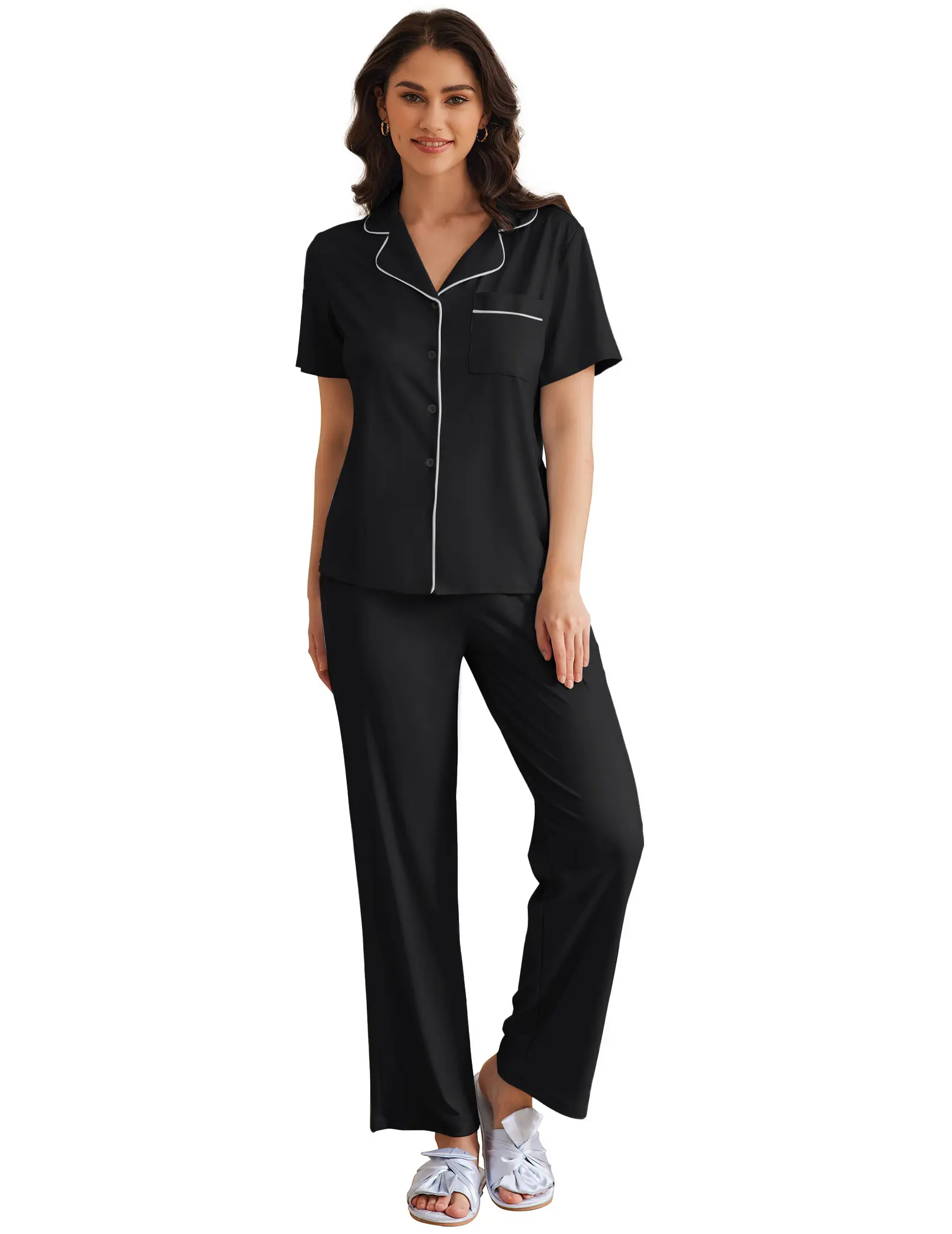 Ekouaer Women's Notch Collar 2-Piece Soft Cotton Pajama Set - Short Sleeve Button-Down Top & Long Pants for Lady, Nursing, Party, Anniversary Lounging; Ideal for Daughter, Nightwear, Fabric, Contrast Piping, Button Front, Great As Gift, Pocketed Pockets