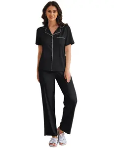 Ekouaer Women's 2-Piece Comfy Cotton Basic Button-Down Short-Sleeve Nursing Pajama Set with Elastic Long Pants, Casual Soft Sleepwear for Loungewear (Ideal Anniversary Gift)