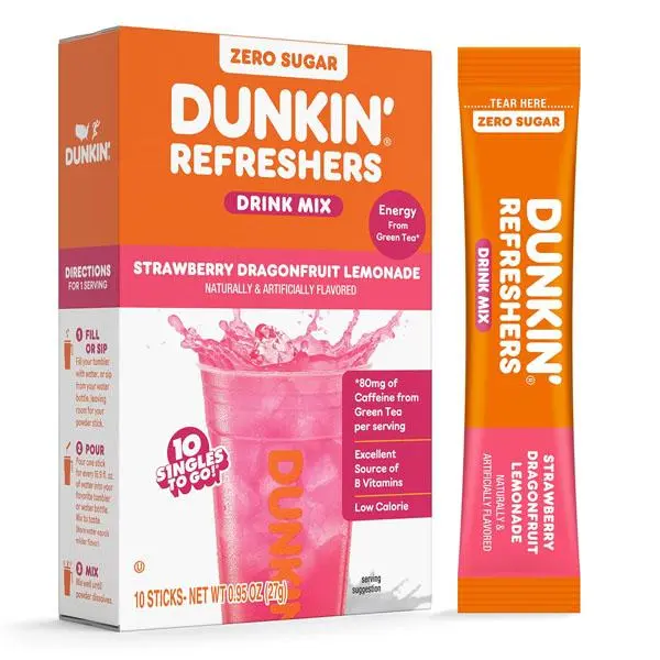 Dunkin Refreshers Singles To Go! Powdered drink mix packets, Strawberry Dragon fruit Lemonade, 10 packets per box , Energy from Green Tea, aspartame-free, no synthetic colors, naturally and artificially flavored, just add water