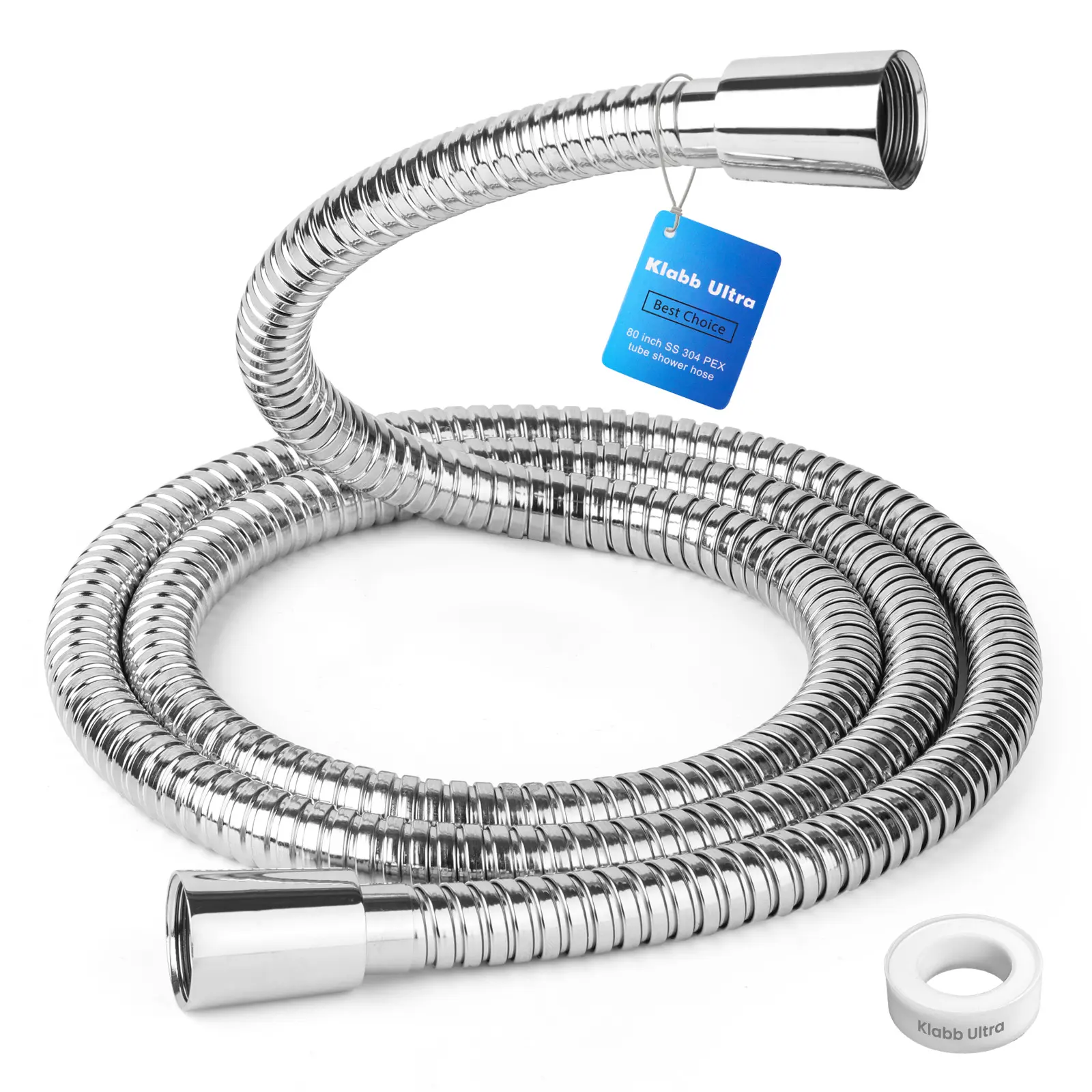 Klabb 80-Inch Extra-Long Bright Silver Flexible Shower Hose with Rain Showerhead, 360° Reinforced PEX Inner Tube, 3.6 GPM Smooth Flow, G1/2 High-End Durable Build, 10-Year Warranty & Replacement shower head shower heads
