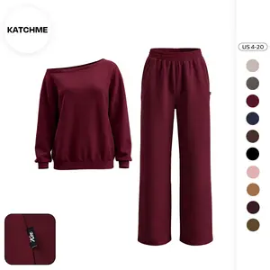 KatchMe Women's Simple Style Solid Color Sloping Shoulder Long Sleeve Top & Wide Leg Trousers Co-ord Set & Separates, Casual Scoop Neck Loose Outfits